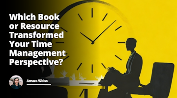Bright sunny yellow background with a striking black and white silhouette image of two individuals sitting across a desk, symbolizing a job interview, one person is noticeably gesticulating, indicating an engaging conversation in progress, a clock hanging on the wall behind them in the frame hinting at the concept of time management, a pile of assorted book graphics subtly arranged at the corner of the desk indicating crucial resources that shape one's view on managing time, underlying humor subtly seeping out from a framed picture on the wall of a tortoise winning a race against a rabbit, an ironic reference to the popular fable, ultimately highlighting the importance of steady progress over speed in terms of productivity and time management.