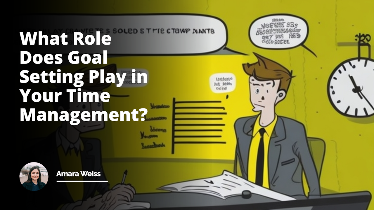 Bright yellow and black color palette, cartoon-style interview setting with two characters, one interviewing another, variety of funny yet professional expressions on characters' faces, backdrop featuring a ticking clock to symbolize time management, scaled down whiteboard with goal setting list in the background, subtle hints of a classroom layout suggesting a course or seminar environment, exaggerated size of clock and goal list to highlight their importance, hourglass on desk to represent time management in a fun, quirky way, funny elements like candidate's exaggeratedly neat tie, giant coffee cup for interviewer, stress relief toys scattered on table, abstract representations of time, goals, employment in surrounding decor, humorous elements related to job interview and time management subtly included in the scene.