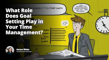 Bright yellow and black color palette, cartoon-style interview setting with two characters, one interviewing another, variety of funny yet professional expressions on characters' faces, backdrop featuring a ticking clock to symbolize time management, scaled down whiteboard with goal setting list in the background, subtle hints of a classroom layout suggesting a course or seminar environment, exaggerated size of clock and goal list to highlight their importance, hourglass on desk to represent time management in a fun, quirky way, funny elements like candidate's exaggeratedly neat tie, giant coffee cup for interviewer, stress relief toys scattered on table, abstract representations of time, goals, employment in surrounding decor, humorous elements related to job interview and time management subtly included in the scene.