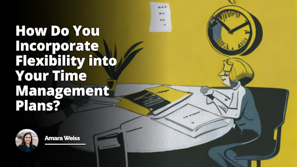Yellow color dominating, contrasting black and white elements, job interview setting with two people, one questioning while holding a clipboard, another responding nervously, clock hanging on the wall indicating time management, countdown timer, sand hourglass on the interviewer's desk subtly defining urgency, schedule planner lying on the interviewee's lap showcasing planning stage, flexible ruler twisted into a question mark symbolizing flexibility, surrounding layout of sticky notes, to-do lists, calendar dates, crossed off tasks, flowchart drawn on a whiteboard in the background demonstrating different variables and courses of action, a door slightly open suggesting opportunity, light humor conveyed through a small white rabbit peeking from the open door hinting at the famous phrase 'down the rabbit hole', connecting all elements together and incorporating the white rabbit as the symbol of time from Alice in Wonderland.