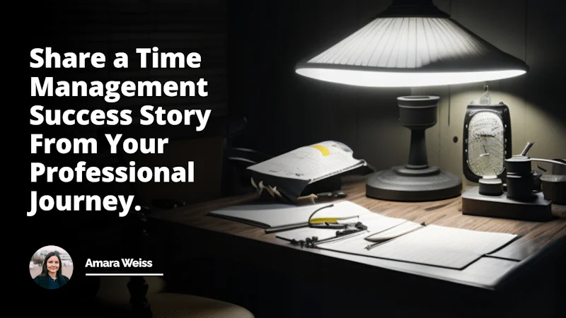 A spotlighted, retro wooden desk in a dimly lit room, vintage black and white analog clock above the desk signifying the essence of time management, a large yellow notepad filled with lines and tick marked to-dos signifying task completion and efficient workflow, a pair of neatly arranged black and white chairs on either side of the desk forming the interview set, the background floor painted as chess showing strategic thinking and planning, a luminous yellow badge on the desk with white ticking clock indicating a time management course, a white light bulb hanging above the desk, brightly lit, representing brainstorms and ideas, success manifested as a trophy standing on the desk, the shadow of a handshake reflected on the lustrous wooden desk symbolizing a successful job interview.