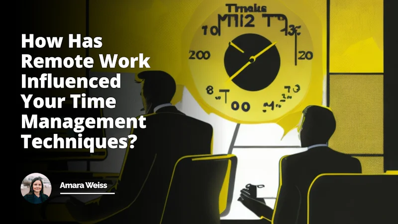 A bright yellow digital clock in the background, black silhouettes of two figures having a conversation, one holding a magnifying lens showing the reflection of a stationary clock, implying a job interview, textless comic bubbles filled with small illustrated tick marks and alarm clocks, symbolizing time management, a laptop open with multiple yet organized tabs, revealing the remote work setting, a color contrasting black and white calendar, featuring crossed days and marked important dates, reflecting well-managed schedules, a small and faded textless sign post pointing at two different directions – one to an office building and another to a home, indicating the shift from regular to remote work, a miniature hourglass beside the laptop, hinting at the time bound nature of any job or course, slightly humorous caricature of a person juggling between a phone, laptop, coffee mug, and an alarm clock, picturing the hustle of remote work and time management.
