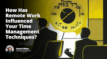 A bright yellow digital clock in the background, black silhouettes of two figures having a conversation, one holding a magnifying lens showing the reflection of a stationary clock, implying a job interview, textless comic bubbles filled with small illustrated tick marks and alarm clocks, symbolizing time management, a laptop open with multiple yet organized tabs, revealing the remote work setting, a color contrasting black and white calendar, featuring crossed days and marked important dates, reflecting well-managed schedules, a small and faded textless sign post pointing at two different directions – one to an office building and another to a home, indicating the shift from regular to remote work, a miniature hourglass beside the laptop, hinting at the time bound nature of any job or course, slightly humorous caricature of a person juggling between a phone, laptop, coffee mug, and an alarm clock, picturing the hustle of remote work and time management.