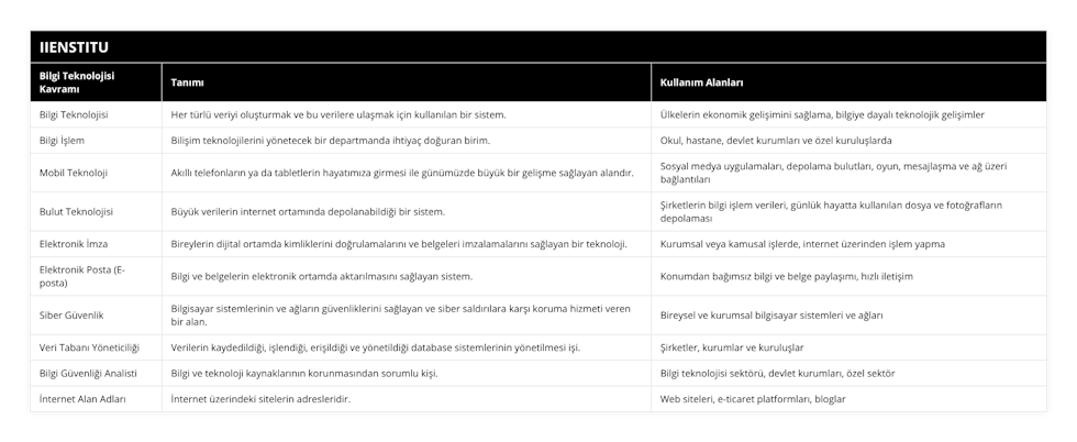 Bilgi Teknolojisi, Her türlü veriyi oluşturmak ve bu verilere ulaşmak için kullanılan bir sistem, Ülkelerin ekonomik gelişimini sağlama, bilgiye dayalı teknolojik gelişimler, Bilgi İşlem, Bilişim teknolojilerini yönetecek bir departmanda ihtiyaç doğuran birim, Okul, hastane, devlet kurumları ve özel kuruluşlarda, Mobil Teknoloji, Akıllı telefonların ya da tabletlerin hayatımıza girmesi ile günümüzde büyük bir gelişme sağlayan alandır, Sosyal medya uygulamaları, depolama bulutları, oyun, mesajlaşma ve ağ üzeri bağlantıları, Bulut Teknolojisi, Büyük verilerin internet ortamında depolanabildiği bir sistem, Şirketlerin bilgi işlem verileri, günlük hayatta kullanılan dosya ve fotoğrafların depolaması, Elektronik İmza, Bireylerin dijital ortamda kimliklerini doğrulamalarını ve belgeleri imzalamalarını sağlayan bir teknoloji, Kurumsal veya kamusal işlerde, internet üzerinden işlem yapma, Elektronik Posta (E-posta), Bilgi ve belgelerin elektronik ortamda aktarılmasını sağlayan sistem, Konumdan bağımsız bilgi ve belge paylaşımı, hızlı iletişim, Siber Güvenlik, Bilgisayar sistemlerinin ve ağların güvenliklerini sağlayan ve siber saldırılara karşı koruma hizmeti veren bir alan, Bireysel ve kurumsal bilgisayar sistemleri ve ağları, Veri Tabanı Yöneticiliği, Verilerin kaydedildiği, işlendiği, erişildiği ve yönetildiği database sistemlerinin yönetilmesi işi, Şirketler, kurumlar ve kuruluşlar, Bilgi Güvenliği Analisti, Bilgi ve teknoloji kaynaklarının korunmasından sorumlu kişi, Bilgi teknolojisi sektörü, devlet kurumları, özel sektör, İnternet Alan Adları, İnternet üzerindeki sitelerin adresleridir, Web siteleri, e-ticaret platformları, bloglar