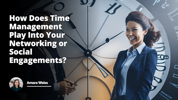 A dynamic clock with various time zones overlaid is prominently in the center, highlighting the concept of Time Management. A man and a woman, dressed in professional attire, are positioned on either side of the clock talking enthusiastically, referencing a job interview scenario. Their expressions exude confidence, but also a slight hint of nervousness, lending a humorous touch. The clock hands are ticking, subtly underlining the passing time, adding a sense of urgency. They're standing in a room filled with numerous people engaging in conversations, which represents Networking or Social Engagements. The detailing of the image, from the expressions to the room ambiance, is meticulously executed. To depict a Time Management course, the clock’s circumference is peppered with tiny thumbnails of notebooks, electronic devices, timers, schedules. The entire scene is set under a yellow, black, and white color scheme, providing a stark contrast and enhancing the image's effectiveness. The combination of these elements ensures multiple angles of approach to the subject matter.