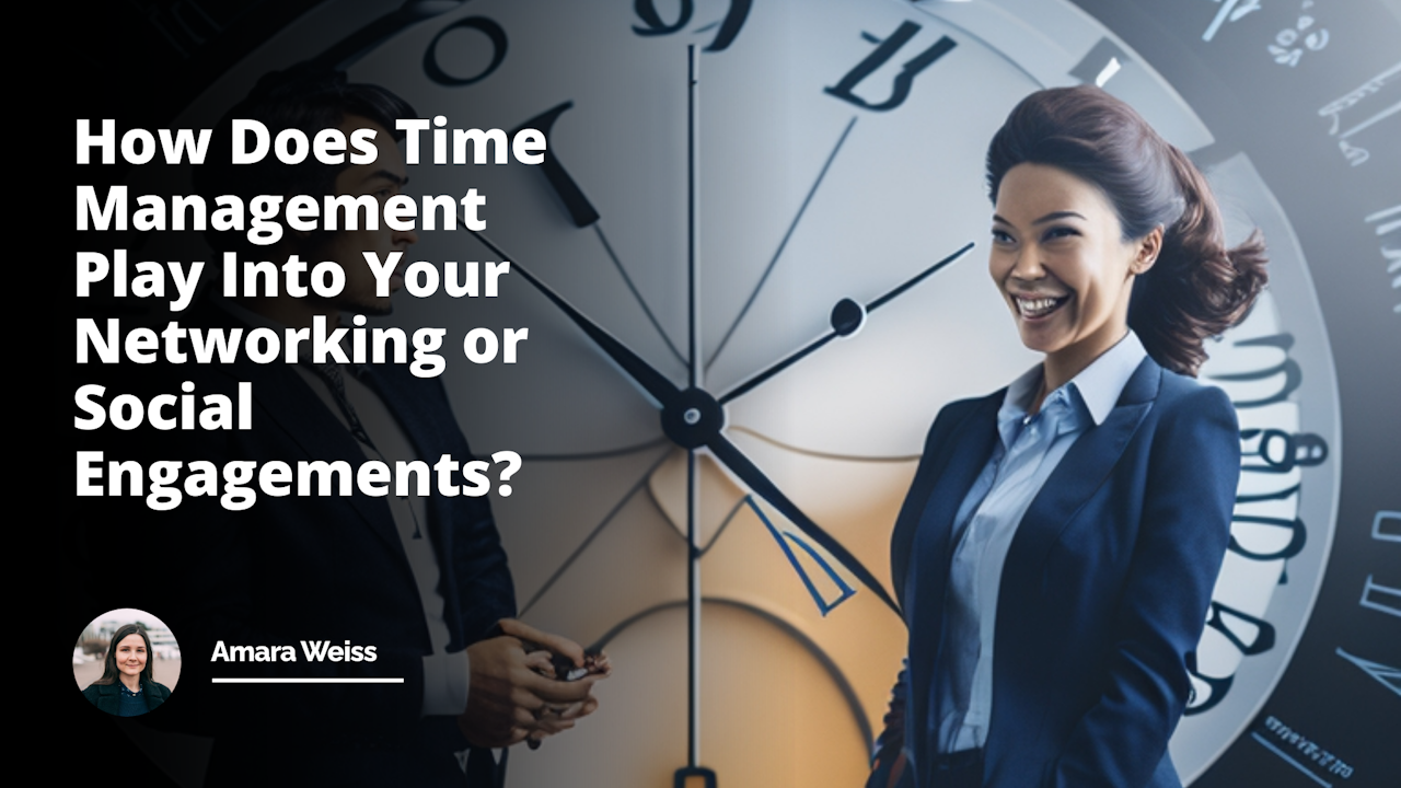 A dynamic clock with various time zones overlaid is prominently in the center, highlighting the concept of Time Management. A man and a woman, dressed in professional attire, are positioned on either side of the clock talking enthusiastically, referencing a job interview scenario. Their expressions exude confidence, but also a slight hint of nervousness, lending a humorous touch. The clock hands are ticking, subtly underlining the passing time, adding a sense of urgency. They're standing in a room filled with numerous people engaging in conversations, which represents Networking or Social Engagements. The detailing of the image, from the expressions to the room ambiance, is meticulously executed. To depict a Time Management course, the clock’s circumference is peppered with tiny thumbnails of notebooks, electronic devices, timers, schedules. The entire scene is set under a yellow, black, and white color scheme, providing a stark contrast and enhancing the image's effectiveness. The combination of these elements ensures multiple angles of approach to the subject matter.