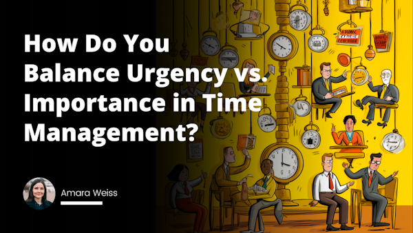 Vibrant yellow backdrop, caricatures of diverse professionals engaged in mock interviews, handshakes symbolizing job selection, course related icons, wall clocks scattered showing time passage, large balancing scale, one side filled with ticking time bombs labeled as 'Urgency', other side filled with golden nuggets labeled as 'Importance', participants juggling between 'Urgency vs Importance', balance maintained in middle symbolizing right management of time, use of bold contrasting colors for emphasis, subtle humor involved through comical depiction, overall image completely self-explanatory.
