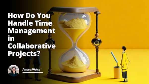 Conceptual digital image, cartoon-like style, dominating yellow office background, details on analog clock, sand hourglass symbolizing time management, open calendar displaying days and deadlines, two human figures, casual attire, engaged in conversation, postures indicating job interview, one interviewing with documents and one answering, miniature human figures around oversized, symbolic stopwatch, suggesting collaborative projects, each holding a piece of a puzzle, showing working together, funny expressions on characters' faces, some looking stressed, some laughing, showing different reactions to time management, implying time management course in project collaboration, pun-intended scene with one character literally racing against time, overarching view to show all angles of the scenario.