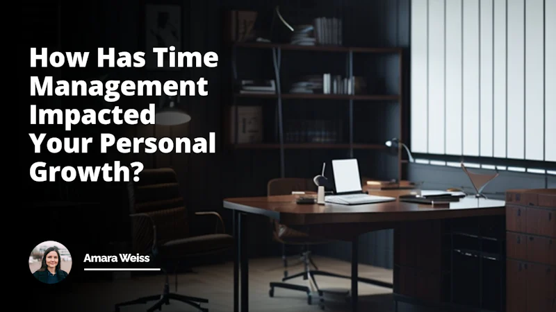 Mid-century office setting, classic wooden desk, two chairs, one side sits a man in a crisp black suit, the other side is an empty chair, a sign of anticipation for a job interview, analog clock on the wall showing noon, inferring time management, piles of book and papers related to Time management course on the table, cup of coffee cooling down suggesting there's been some wait, contemplative look on the man's face, hinting personal growth, metaphorically cluttered desk indicating personal clutter trying to be managed, bright yellow wall contrast with subtle white furniture and serious black suit, environment inviting yet challenging, professional atmosphere, humorous touch with a quirky calendar indicating deadlines.