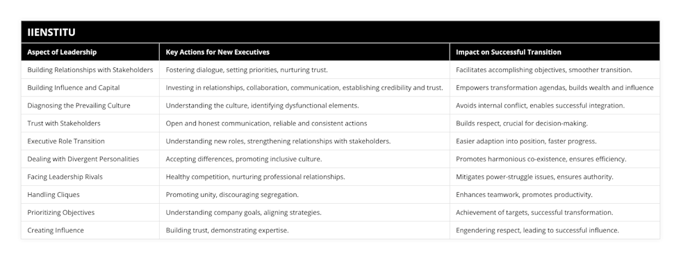 Building Relationships with Stakeholders, Fostering dialogue, setting priorities, nurturing trust, Facilitates accomplishing objectives, smoother transition, Building Influence and Capital, Investing in relationships, collaboration, communication, establishing credibility and trust, Empowers transformation agendas, builds wealth and influence, Diagnosing the Prevailing Culture, Understanding the culture, identifying dysfunctional elements, Avoids internal conflict, enables successful integration, Trust with Stakeholders, Open and honest communication, reliable and consistent actions, Builds respect, crucial for decision-making, Executive Role Transition, Understanding new roles, strengthening relationships with stakeholders, Easier adaption into position, faster progress, Dealing with Divergent Personalities, Accepting differences, promoting inclusive culture, Promotes harmonious co-existence, ensures efficiency, Facing Leadership Rivals, Healthy competition, nurturing professional relationships, Mitigates power-struggle issues, ensures authority, Handling Cliques, Promoting unity, discouraging segregation, Enhances teamwork, promotes productivity, Prioritizing Objectives, Understanding company goals, aligning strategies, Achievement of targets, successful transformation, Creating Influence, Building trust, demonstrating expertise, Engendering respect, leading to successful influence