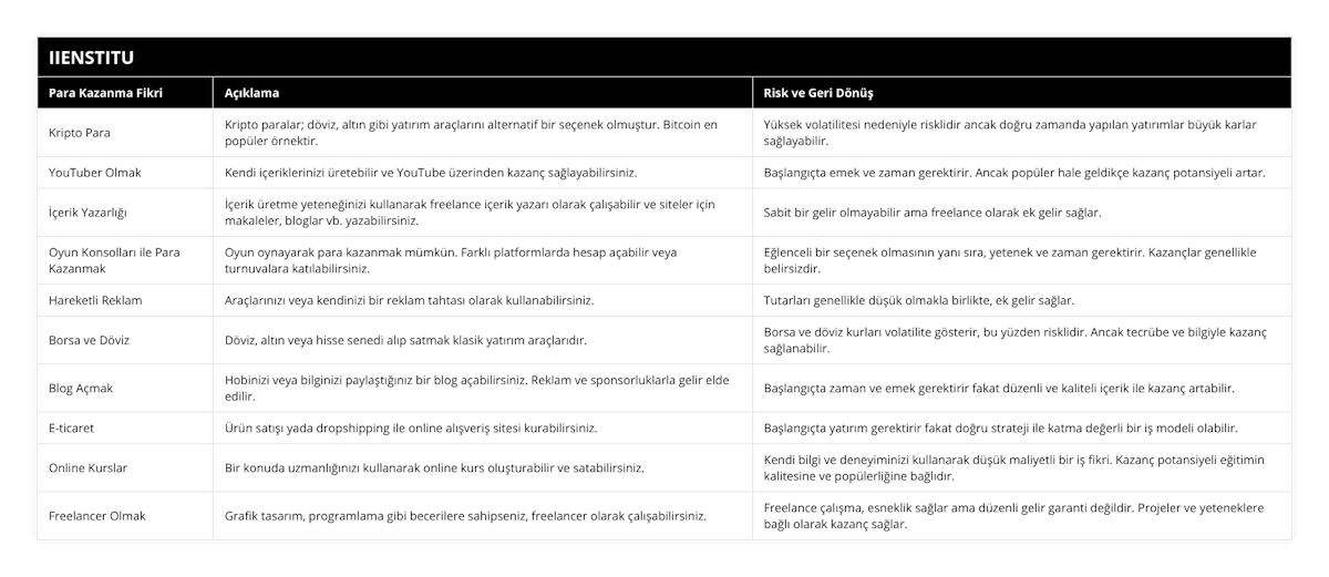 Kripto Para, Kripto paralar; döviz, altın gibi yatırım araçlarını alternatif bir seçenek olmuştur Bitcoin en popüler örnektir, Yüksek volatilitesi nedeniyle risklidir ancak doğru zamanda yapılan yatırımlar büyük karlar sağlayabilir, YouTuber Olmak, Kendi içeriklerinizi üretebilir ve YouTube üzerinden kazanç sağlayabilirsiniz, Başlangıçta emek ve zaman gerektirir Ancak popüler hale geldikçe kazanç potansiyeli artar, İçerik Yazarlığı, İçerik üretme yeteneğinizi kullanarak freelance içerik yazarı olarak çalışabilir ve siteler için makaleler, bloglar vb yazabilirsiniz, Sabit bir gelir olmayabilir ama freelance olarak ek gelir sağlar, Oyun Konsolları ile Para Kazanmak, Oyun oynayarak para kazanmak mümkün Farklı platformlarda hesap açabilir veya turnuvalara katılabilirsiniz, Eğlenceli bir seçenek olmasının yanı sıra, yetenek ve zaman gerektirir Kazançlar genellikle belirsizdir, Hareketli Reklam, Araçlarınızı veya kendinizi bir reklam tahtası olarak kullanabilirsiniz, Tutarları genellikle düşük olmakla birlikte, ek gelir sağlar, Borsa ve Döviz, Döviz, altın veya hisse senedi alıp satmak klasik yatırım araçlarıdır, Borsa ve döviz kurları volatilite gösterir, bu yüzden risklidir Ancak tecrübe ve bilgiyle kazanç sağlanabilir, Blog Açmak, Hobinizi veya bilginizi paylaştığınız bir blog açabilirsiniz Reklam ve sponsorluklarla gelir elde edilir, Başlangıçta zaman ve emek gerektirir fakat düzenli ve kaliteli içerik ile kazanç artabilir, E-ticaret, Ürün satışı yada dropshipping ile online alışveriş sitesi kurabilirsiniz, Başlangıçta yatırım gerektirir fakat doğru strateji ile katma değerli bir iş modeli olabilir, Online Kurslar, Bir konuda uzmanlığınızı kullanarak online kurs oluşturabilir ve satabilirsiniz, Kendi bilgi ve deneyiminizi kullanarak düşük maliyetli bir iş fikri Kazanç potansiyeli eğitimin kalitesine ve popülerliğine bağlıdır, Freelancer Olmak, Grafik tasarım, programlama gibi becerilere sahipseniz, freelancer olarak çalışabilirsiniz, Freelance çalışma, esneklik sağlar ama düzenli gelir garanti değildir Projeler ve yeteneklere bağlı olarak kazanç sağlar