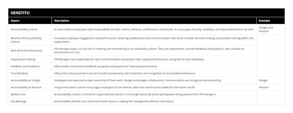 Accountability Culture, A culture where employees take responsibility for their actions, behavior, performance and results It encourages honesty, reliability, and dependability from all staff, Google and Amazon, Benefits of Accountability Culture, Increased employee engagement and performance, fostering collaboration and communication that result in better decision-making and problem-solving within the organization, , Role of Human Resources, HR managers play a crucial role in creating and maintaining an accountability culture They set expectations, provide feedback and guidance, and cultivate an environment of trust, , Expectations Setting, HR Managers are responsible for clear communication around job roles, expected behaviours, and goals for each employee, , Feedback and Guidance, HR provides constructive feedback and guides employees for improved performance, , Trust Building, HR practices that promote trust can include transparency, fair treatment, and recognition of accountable behaviours, , Accountability at Google, Employees are expected to take ownership of their work Google encourages collaboration, communication and recognises accountability, Google, Accountability at Amazon, 'Frugal innovation' culture encourages employees to be creative, take risks and be accountable for their work results, Amazon, Bottom Line, Accountability culture is critical for organisational success It is brought about by active participation and guidance from HR managers, , Key Message, Accountability breeds trust and trust breeds success, making HR management efficient and robust,