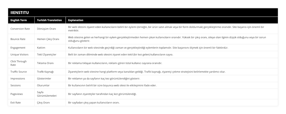 Conversion Rate, Dönüşüm Oranı, Bir web sitesini ziyaret eden kullanıcıların belirli bir eylemi (örneğin, bir ürün satın almak veya bir form doldurmak) gerçekleştirme oranıdır Site başarısı için önemli bir metriktir, Bounce Rate, Hemen Çıkış Oranı, Web sitesine gelen ve herhangi bir eylem gerçekleştirmeden hemen çıkan kullanıcıların oranıdır Yüksek bir çıkış oranı, siteye olan ilginin düşük olduğunu veya bir sorun olduğunu gösterir, Engagement, Katılım, Kullanıcıların bir web sitesinde geçirdiği zaman ve gerçekleştirdiği eylemlerin toplamıdır Site başarısını ölçmek için önemli bir faktördür, Unique Visitors, Tekil Ziyaretçiler, Belli bir zaman diliminde web sitesini ziyaret eden tekil (bir kez gelen) kullanıcıların sayısı, Click Through Rate, Tıklama Oranı, Bir reklama tıklayan kullanıcıların, reklamı gören total kullanıcı sayısına oranıdır, Traffic Source, Trafik Kaynağı, Ziyaretçilerin web sitesine hangi platform veya kanaldan geldiği Trafik kaynağı, ziyaretçi çekme stratejisini belirlemekte yardımcı olur, Impressions, Gösterimler, Bir reklamın ya da sayfanın kaç kez görüntülendiğini gösterir, Sessions, Oturumlar, Bir kullanıcının belirli bir süre boyunca web sitesi ile etkileşimini ifade eder, Pageviews, Sayfa Görüntülemeleri, Bir sayfanın ziyaretçiler tarafından kaç kez görüntülendiği, Exit Rate, Çıkış Oranı, Bir sayfadan çıkış yapan kullanıcıların oranı