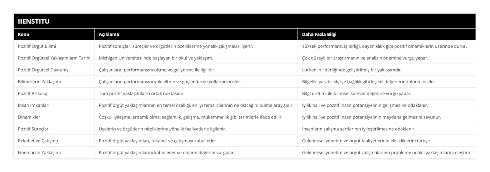 Pozitif Örgüt Bilimi, Pozitif sonuçlar, süreçler ve örgütlerin özelliklerine yönelik çalışmaları içerir, Yüksek performans, iş birliği, dayanıklılık gibi pozitif dinamiklerin üzerinde durur, Pozitif Örgütsel Yaklaşımların Tarihi, Michigan Üniversitesi'nde başlayan bir okul ve yaklaşım, Çok düzeyli bir araştırmanın ve analizin önemine vurgu yapar, Pozitif Örgütsel Davranış, Çalışanların performansını ölçme ve geliştirme ile ilgilidir, Luthan'ın liderliğinde geliştirilmiş bir yaklaşımdır, Bilimcilerin Yaklaşımı, Çalışanların performansını yükseltme ve güçlendirme yollarını inceler, Bilgelik, yaratıcılık, işe bağlılık gibi kişisel değerlerin rolünü inceler, Pozitif Psikoloji, Tüm pozitif yaklaşımların ortak noktasıdır, Bilgi üretimi ile bilimsel sürecin değerine vurgu yapar, İnsan İmkanları, Pozitif örgüt yaklaşımlarının en temel özelliği, en iyi temsilcilerinin ne olacağını bulma arayışıdır, İyilik hali ve pozitif insan potansiyelinin gelişmesine odaklanır, Dinamikler, Coşku, iyileşme, erdemli olma, sağlamlık, gelişme, mükemmellik gibi terimlerle ifade edilir, İyilik hali ve pozitif insan potansiyelinin meydana gelmesini savunur, Pozitif Süreçler, Üyelerin ve örgütlerin niteliklerine yönelik faaliyetlerle ilgilenir, İnsanların çalışma şartlarının iyileştirilmesine odaklanır, Rekabet ve Çatışma, Pozitif örgüt yaklaşımları, rekabet ve çatışmayı kabul eder, Geleneksel yönetim ve örgüt faaliyetlerinin eksikliklerini tartışır, Fineman'ın Yaklaşımı, Pozitif örgüt yaklaşımlarını kabul eder ve onların değerini vurgular, Geleneksel yönetim ve örgüt çalışmalarının probleme odaklı yaklaşımlarını eleştirir