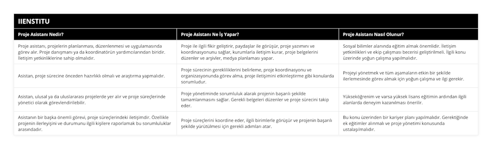 Proje asistanı, projelerin planlanması, düzenlenmesi ve uygulamasında görev alır Proje danışmanı ya da koordinatörün yardımcılarından biridir İletişim yetkinliklerine sahip olmalıdır, Proje ile ilgili fikir geliştirir, paydaşlar ile görüşür, proje yazımını ve koordinasyonunu sağlar, kurumlarla iletişim kurar, proje belgelerini düzenler ve arşivler, medya planlaması yapar, Sosyal bilimler alanında eğitim almak önemlidir İletişim yetkinlikleri ve ekip çalışması becerisi geliştirilmeli İlgili konu üzerinde yoğun çalışma yapılmalıdır, Asistan, proje sürecine önceden hazırlıklı olmalı ve araştırma yapmalıdır, Proje sürecinin gerekliliklerini belirleme, proje koordinasyonu ve organizasyonunda görev alma, proje iletişimini etkinleştirme gibi konularda sorumludur, Projeyi yönetmek ve tüm aşamaların etkin bir şekilde ilerlemesinde görev almak için yoğun çalışma ve ilgi gerekir, Asistan, ulusal ya da uluslararası projelerde yer alır ve proje süreçlerinde yönetici olarak görevlendirilebilir, Proje yönetiminde sorumluluk alarak projenin başarılı şekilde tamamlanmasını sağlar Gerekli belgeleri düzenler ve proje sürecini takip eder, Yükseköğrenim ve varsa yüksek lisans eğitimin ardından ilgili alanlarda deneyim kazanılması önerilir, Asistanın bir başka önemli görevi, proje süreçlerindeki iletişimdir Özellikle projenin ilerleyişini ve durumunu ilgili kişilere raporlamak bu sorumluluklar arasındadır, Proje süreçlerini koordine eder, ilgili birimlerle görüşür ve projenin başarılı şekilde yürütülmesi için gerekli adımları atar, Bu konu üzerinden bir kariyer planı yapılmalıdır Gerektiğinde ek eğitimler alınmalı ve proje yönetimi konusunda ustalaşılmalıdır