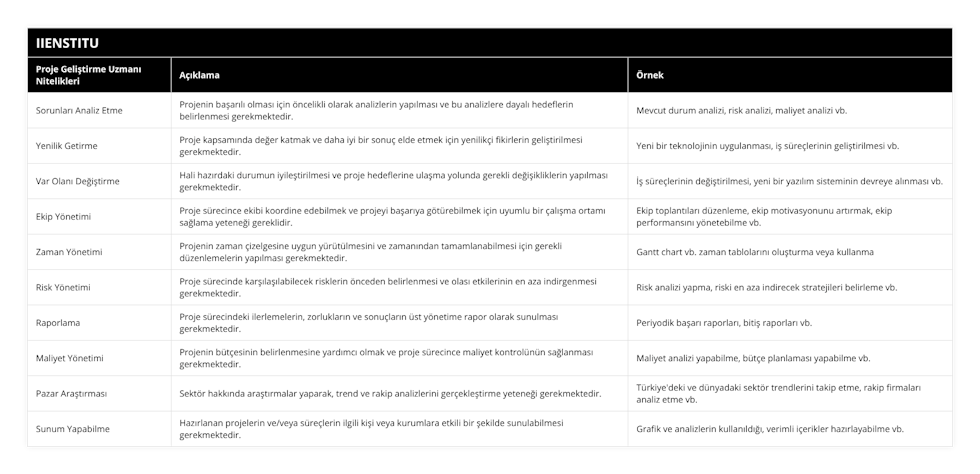 Sorunları Analiz Etme, Projenin başarılı olması için öncelikli olarak analizlerin yapılması ve bu analizlere dayalı hedeflerin belirlenmesi gerekmektedir, Mevcut durum analizi, risk analizi, maliyet analizi vb, Yenilik Getirme, Proje kapsamında değer katmak ve daha iyi bir sonuç elde etmek için yenilikçi fikirlerin geliştirilmesi gerekmektedir, Yeni bir teknolojinin uygulanması, iş süreçlerinin geliştirilmesi vb, Var Olanı Değiştirme, Hali hazırdaki durumun iyileştirilmesi ve proje hedeflerine ulaşma yolunda gerekli değişikliklerin yapılması gerekmektedir, İş süreçlerinin değiştirilmesi, yeni bir yazılım sisteminin devreye alınması vb, Ekip Yönetimi, Proje sürecince ekibi koordine edebilmek ve projeyi başarıya götürebilmek için uyumlu bir çalışma ortamı sağlama yeteneği gereklidir , Ekip toplantıları düzenleme, ekip motivasyonunu artırmak, ekip performansını yönetebilme vb, Zaman Yönetimi, Projenin zaman çizelgesine uygun yürütülmesini ve zamanından tamamlanabilmesi için gerekli düzenlemelerin yapılması gerekmektedir, Gantt chart vb zaman tablolarını oluşturma veya kullanma, Risk Yönetimi, Proje sürecinde karşılaşılabilecek risklerin önceden belirlenmesi ve olası etkilerinin en aza indirgenmesi gerekmektedir, Risk analizi yapma, riski en aza indirecek stratejileri belirleme vb, Raporlama, Proje sürecindeki ilerlemelerin, zorlukların ve sonuçların üst yönetime rapor olarak sunulması gerekmektedir, Periyodik başarı raporları, bitiş raporları vb, Maliyet Yönetimi, Projenin bütçesinin belirlenmesine yardımcı olmak ve proje sürecince maliyet kontrolünün sağlanması gerekmektedir, Maliyet analizi yapabilme, bütçe planlaması yapabilme vb, Pazar Araştırması, Sektör hakkında araştırmalar yaparak, trend ve rakip analizlerini gerçekleştirme yeteneği gerekmektedir, Türkiye'deki ve dünyadaki sektör trendlerini takip etme, rakip firmaları analiz etme vb, Sunum Yapabilme, Hazırlanan projelerin ve/veya süreçlerin ilgili kişi veya kurumlara etkili bir şekilde sunulabilmesi gerekmektedir, Grafik ve analizlerin kullanıldığı, verimli içerikler hazırlayabilme vb