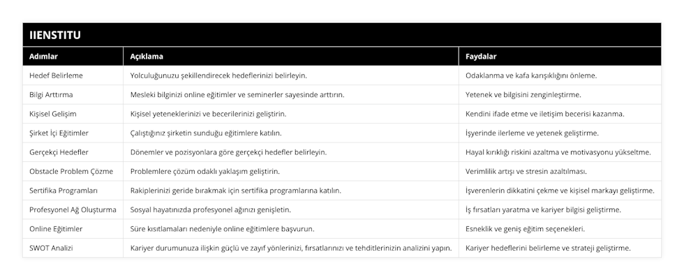 Hedef Belirleme, Yolculuğunuzu şekillendirecek hedeflerinizi belirleyin, Odaklanma ve kafa karışıklığını önleme, Bilgi Arttırma, Mesleki bilginizi online eğitimler ve seminerler sayesinde arttırın, Yetenek ve bilgisini zenginleştirme, Kişisel Gelişim, Kişisel yeteneklerinizi ve becerilerinizi geliştirin, Kendini ifade etme ve iletişim becerisi kazanma, Şirket İçi Eğitimler, Çalıştığınız şirketin sunduğu eğitimlere katılın, İşyerinde ilerleme ve yetenek geliştirme, Gerçekçi Hedefler, Dönemler ve pozisyonlara göre gerçekçi hedefler belirleyin, Hayal kırıklığı riskini azaltma ve motivasyonu yükseltme, Obstacle Problem Çözme, Problemlere çözüm odaklı yaklaşım geliştirin, Verimlilik artışı ve stresin azaltılması, Sertifika Programları, Rakiplerinizi geride bırakmak için sertifika programlarına katılın, İşverenlerin dikkatini çekme ve kişisel markayı geliştirme, Profesyonel Ağ Oluşturma, Sosyal hayatınızda profesyonel ağınızı genişletin, İş fırsatları yaratma ve kariyer bilgisi geliştirme, Online Eğitimler, Süre kısıtlamaları nedeniyle online eğitimlere başvurun, Esneklik ve geniş eğitim seçenekleri, SWOT Analizi, Kariyer durumunuza ilişkin güçlü ve zayıf yönlerinizi, fırsatlarınızı ve tehditlerinizin analizini yapın, Kariyer hedeflerini belirleme ve strateji geliştirme