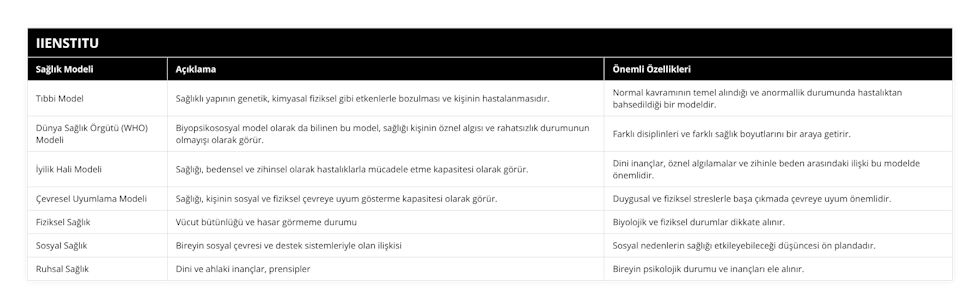 Tıbbi Model, Sağlıklı yapının genetik, kimyasal fiziksel gibi etkenlerle bozulması ve kişinin hastalanmasıdır, Normal kavramının temel alındığı ve anormallik durumunda hastalıktan bahsedildiği bir modeldir, Dünya Sağlık Örgütü (WHO) Modeli, Biyopsikososyal model olarak da bilinen bu model, sağlığı kişinin öznel algısı ve rahatsızlık durumunun olmayışı olarak görür, Farklı disiplinleri ve farklı sağlık boyutlarını bir araya getirir, İyilik Hali Modeli, Sağlığı, bedensel ve zihinsel olarak hastalıklarla mücadele etme kapasitesi olarak görür, Dini inançlar, öznel algılamalar ve zihinle beden arasındaki ilişki bu modelde önemlidir, Çevresel Uyumlama Modeli, Sağlığı, kişinin sosyal ve fiziksel çevreye uyum gösterme kapasitesi olarak görür, Duygusal ve fiziksel streslerle başa çıkmada çevreye uyum önemlidir, Fiziksel Sağlık, Vücut bütünlüğü ve hasar görmeme durumu, Biyolojik ve fiziksel durumlar dikkate alınır, Sosyal Sağlık, Bireyin sosyal çevresi ve destek sistemleriyle olan ilişkisi, Sosyal nedenlerin sağlığı etkileyebileceği düşüncesi ön plandadır, Ruhsal Sağlık, Dini ve ahlaki inançlar, prensipler, Bireyin psikolojik durumu ve inançları ele alınır