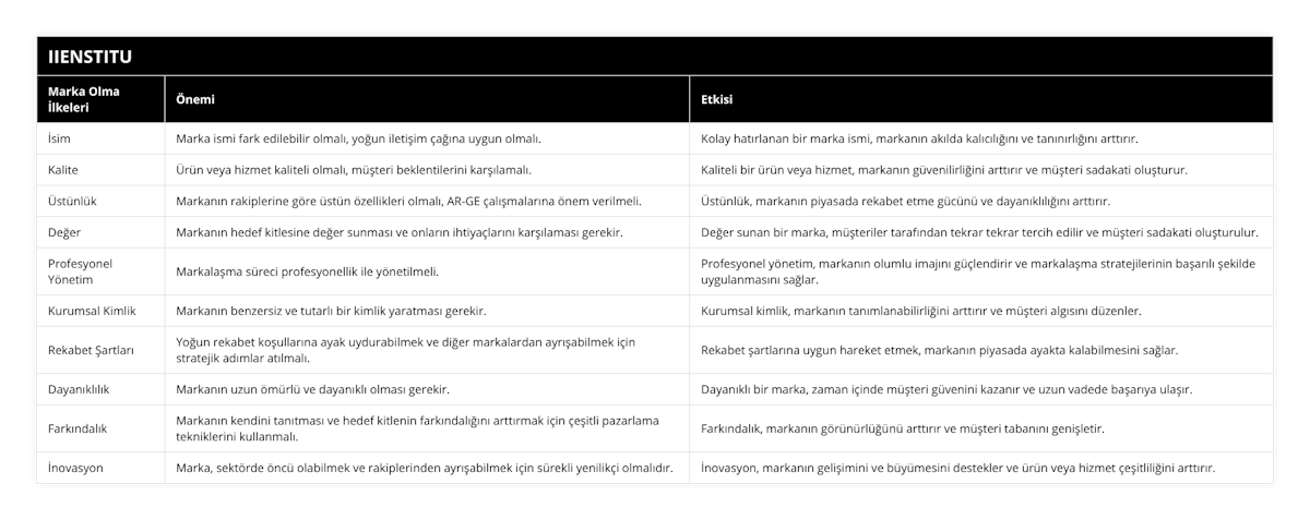 İsim, Marka ismi fark edilebilir olmalı, yoğun iletişim çağına uygun olmalı, Kolay hatırlanan bir marka ismi, markanın akılda kalıcılığını ve tanınırlığını arttırır, Kalite, Ürün veya hizmet kaliteli olmalı, müşteri beklentilerini karşılamalı, Kaliteli bir ürün veya hizmet, markanın güvenilirliğini arttırır ve müşteri sadakati oluşturur, Üstünlük, Markanın rakiplerine göre üstün özellikleri olmalı, AR-GE çalışmalarına önem verilmeli, Üstünlük, markanın piyasada rekabet etme gücünü ve dayanıklılığını arttırır, Değer, Markanın hedef kitlesine değer sunması ve onların ihtiyaçlarını karşılaması gerekir, Değer sunan bir marka, müşteriler tarafından tekrar tekrar tercih edilir ve müşteri sadakati oluşturulur, Profesyonel Yönetim, Markalaşma süreci profesyonellik ile yönetilmeli, Profesyonel yönetim, markanın olumlu imajını güçlendirir ve markalaşma stratejilerinin başarılı şekilde uygulanmasını sağlar, Kurumsal Kimlik, Markanın benzersiz ve tutarlı bir kimlik yaratması gerekir, Kurumsal kimlik, markanın tanımlanabilirliğini arttırır ve müşteri algısını düzenler, Rekabet Şartları, Yoğun rekabet koşullarına ayak uydurabilmek ve diğer markalardan ayrışabilmek için stratejik adımlar atılmalı, Rekabet şartlarına uygun hareket etmek, markanın piyasada ayakta kalabilmesini sağlar, Dayanıklılık, Markanın uzun ömürlü ve dayanıklı olması gerekir, Dayanıklı bir marka, zaman içinde müşteri güvenini kazanır ve uzun vadede başarıya ulaşır, Farkındalık, Markanın kendini tanıtması ve hedef kitlenin farkındalığını arttırmak için çeşitli pazarlama tekniklerini kullanmalı, Farkındalık, markanın görünürlüğünü arttırır ve müşteri tabanını genişletir, İnovasyon, Marka, sektörde öncü olabilmek ve rakiplerinden ayrışabilmek için sürekli yenilikçi olmalıdır, İnovasyon, markanın gelişimini ve büyümesini destekler ve ürün veya hizmet çeşitliliğini arttırır
