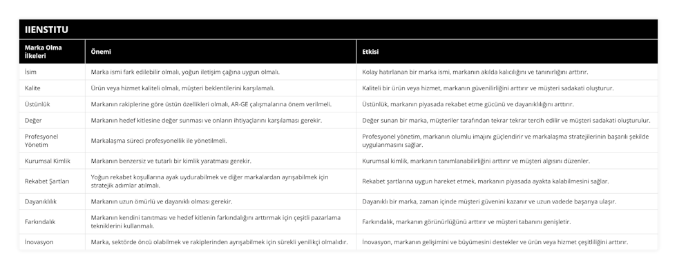 İsim, Marka ismi fark edilebilir olmalı, yoğun iletişim çağına uygun olmalı, Kolay hatırlanan bir marka ismi, markanın akılda kalıcılığını ve tanınırlığını arttırır, Kalite, Ürün veya hizmet kaliteli olmalı, müşteri beklentilerini karşılamalı, Kaliteli bir ürün veya hizmet, markanın güvenilirliğini arttırır ve müşteri sadakati oluşturur, Üstünlük, Markanın rakiplerine göre üstün özellikleri olmalı, AR-GE çalışmalarına önem verilmeli, Üstünlük, markanın piyasada rekabet etme gücünü ve dayanıklılığını arttırır, Değer, Markanın hedef kitlesine değer sunması ve onların ihtiyaçlarını karşılaması gerekir, Değer sunan bir marka, müşteriler tarafından tekrar tekrar tercih edilir ve müşteri sadakati oluşturulur, Profesyonel Yönetim, Markalaşma süreci profesyonellik ile yönetilmeli, Profesyonel yönetim, markanın olumlu imajını güçlendirir ve markalaşma stratejilerinin başarılı şekilde uygulanmasını sağlar, Kurumsal Kimlik, Markanın benzersiz ve tutarlı bir kimlik yaratması gerekir, Kurumsal kimlik, markanın tanımlanabilirliğini arttırır ve müşteri algısını düzenler, Rekabet Şartları, Yoğun rekabet koşullarına ayak uydurabilmek ve diğer markalardan ayrışabilmek için stratejik adımlar atılmalı, Rekabet şartlarına uygun hareket etmek, markanın piyasada ayakta kalabilmesini sağlar, Dayanıklılık, Markanın uzun ömürlü ve dayanıklı olması gerekir, Dayanıklı bir marka, zaman içinde müşteri güvenini kazanır ve uzun vadede başarıya ulaşır, Farkındalık, Markanın kendini tanıtması ve hedef kitlenin farkındalığını arttırmak için çeşitli pazarlama tekniklerini kullanmalı, Farkındalık, markanın görünürlüğünü arttırır ve müşteri tabanını genişletir, İnovasyon, Marka, sektörde öncü olabilmek ve rakiplerinden ayrışabilmek için sürekli yenilikçi olmalıdır, İnovasyon, markanın gelişimini ve büyümesini destekler ve ürün veya hizmet çeşitliliğini arttırır