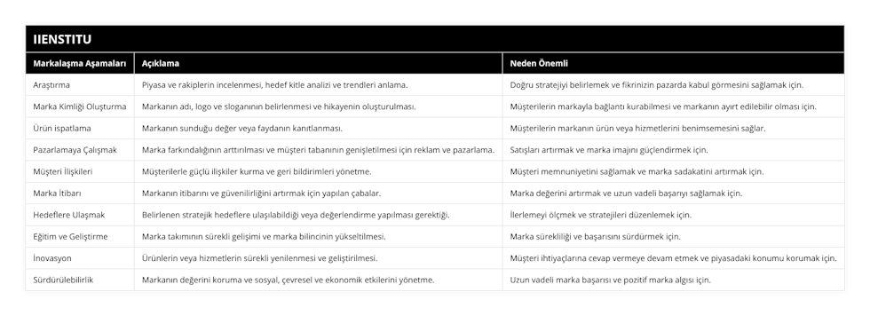 Araştırma, Piyasa ve rakiplerin incelenmesi, hedef kitle analizi ve trendleri anlama, Doğru stratejiyi belirlemek ve fikrinizin pazarda kabul görmesini sağlamak için, Marka Kimliği Oluşturma, Markanın adı, logo ve sloganının belirlenmesi ve hikayenin oluşturulması, Müşterilerin markayla bağlantı kurabilmesi ve markanın ayırt edilebilir olması için, Ürün ispatlama, Markanın sunduğu değer veya faydanın kanıtlanması, Müşterilerin markanın ürün veya hizmetlerini benimsemesini sağlar, Pazarlamaya Çalışmak, Marka farkındalığının arttırılması ve müşteri tabanının genişletilmesi için reklam ve pazarlama, Satışları artırmak ve marka imajını güçlendirmek için, Müşteri İlişkileri, Müşterilerle güçlü ilişkiler kurma ve geri bildirimleri yönetme, Müşteri memnuniyetini sağlamak ve marka sadakatini artırmak için, Marka İtibarı, Markanın itibarını ve güvenilirliğini artırmak için yapılan çabalar, Marka değerini artırmak ve uzun vadeli başarıyı sağlamak için, Hedeflere Ulaşmak, Belirlenen stratejik hedeflere ulaşılabildiği veya değerlendirme yapılması gerektiği, İlerlemeyi ölçmek ve stratejileri düzenlemek için, Eğitim ve Geliştirme, Marka takımının sürekli gelişimi ve marka bilincinin yükseltilmesi, Marka sürekliliği ve başarısını sürdürmek için, İnovasyon, Ürünlerin veya hizmetlerin sürekli yenilenmesi ve geliştirilmesi, Müşteri ihtiyaçlarına cevap vermeye devam etmek ve piyasadaki konumu korumak için, Sürdürülebilirlik, Markanın değerini koruma ve sosyal, çevresel ve ekonomik etkilerini yönetme, Uzun vadeli marka başarısı ve pozitif marka algısı için