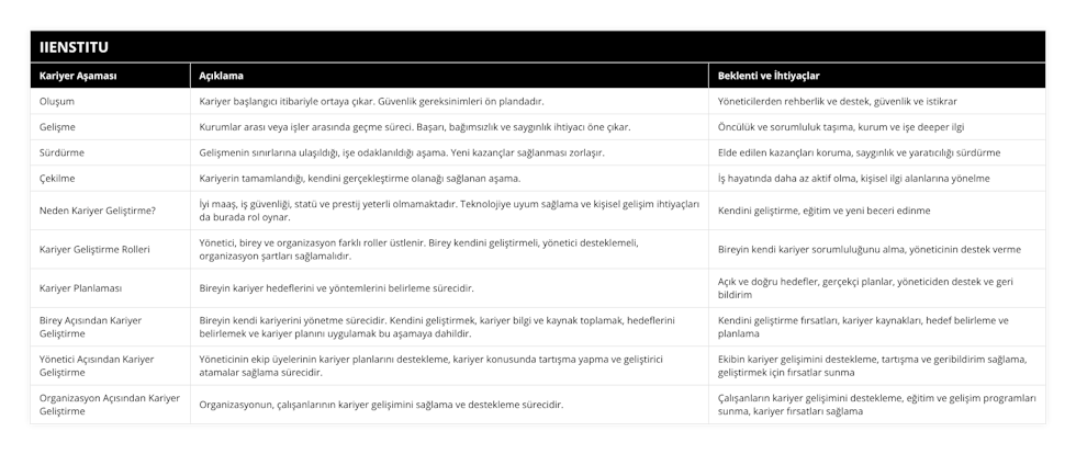 Oluşum, Kariyer başlangıcı itibariyle ortaya çıkar Güvenlik gereksinimleri ön plandadır, Yöneticilerden rehberlik ve destek, güvenlik ve istikrar, Gelişme, Kurumlar arası veya işler arasında geçme süreci Başarı, bağımsızlık ve saygınlık ihtiyacı öne çıkar, Öncülük ve sorumluluk taşıma, kurum ve işe deeper ilgi, Sürdürme, Gelişmenin sınırlarına ulaşıldığı, işe odaklanıldığı aşama Yeni kazançlar sağlanması zorlaşır, Elde edilen kazançları koruma, saygınlık ve yaratıcılığı sürdürme, Çekilme, Kariyerin tamamlandığı, kendini gerçekleştirme olanağı sağlanan aşama, İş hayatında daha az aktif olma, kişisel ilgi alanlarına yönelme, Neden Kariyer Geliştirme?, İyi maaş, iş güvenliği, statü ve prestij yeterli olmamaktadır Teknolojiye uyum sağlama ve kişisel gelişim ihtiyaçları da burada rol oynar, Kendini geliştirme, eğitim ve yeni beceri edinme, Kariyer Geliştirme Rolleri, Yönetici, birey ve organizasyon farklı roller üstlenir Birey kendini geliştirmeli, yönetici desteklemeli, organizasyon şartları sağlamalıdır, Bireyin kendi kariyer sorumluluğunu alma, yöneticinin destek verme, Kariyer Planlaması, Bireyin kariyer hedeflerini ve yöntemlerini belirleme sürecidir, Açık ve doğru hedefler, gerçekçi planlar, yöneticiden destek ve geri bildirim, Birey Açısından Kariyer Geliştirme, Bireyin kendi kariyerini yönetme sürecidir Kendini geliştirmek, kariyer bilgi ve kaynak toplamak, hedeflerini belirlemek ve kariyer planını uygulamak bu aşamaya dahildir, Kendini geliştirme fırsatları, kariyer kaynakları, hedef belirleme ve planlama, Yönetici Açısından Kariyer Geliştirme, Yöneticinin ekip üyelerinin kariyer planlarını destekleme, kariyer konusunda tartışma yapma ve geliştirici atamalar sağlama sürecidir, Ekibin kariyer gelişimini destekleme, tartışma ve geribildirim sağlama, geliştirmek için fırsatlar sunma, Organizasyon Açısından Kariyer Geliştirme, Organizasyonun, çalışanlarının kariyer gelişimini sağlama ve destekleme sürecidir, Çalışanların kariyer gelişimini destekleme, eğitim ve gelişim programları sunma, kariyer fırsatları sağlama