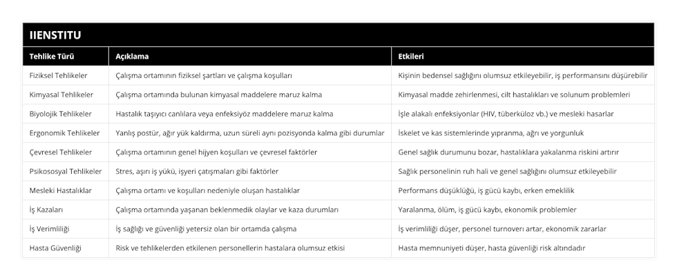 Fiziksel Tehlikeler, Çalışma ortamının fiziksel şartları ve çalışma koşulları, Kişinin bedensel sağlığını olumsuz etkileyebilir, iş performansını düşürebilir, Kimyasal Tehlikeler, Çalışma ortamında bulunan kimyasal maddelere maruz kalma, Kimyasal madde zehirlenmesi, cilt hastalıkları ve solunum problemleri, Biyolojik Tehlikeler, Hastalık taşıyıcı canlılara veya enfeksiyöz maddelere maruz kalma, İşle alakalı enfeksiyonlar (HIV, tüberküloz vb) ve mesleki hasarlar, Ergonomik Tehlikeler, Yanlış postür, ağır yük kaldırma, uzun süreli aynı pozisyonda kalma gibi durumlar, İskelet ve kas sistemlerinde yıpranma, ağrı ve yorgunluk, Çevresel Tehlikeler, Çalışma ortamının genel hijyen koşulları ve çevresel faktörler, Genel sağlık durumunu bozar, hastalıklara yakalanma riskini artırır, Psikososyal Tehlikeler, Stres, aşırı iş yükü, işyeri çatışmaları gibi faktörler, Sağlık personelinin ruh hali ve genel sağlığını olumsuz etkileyebilir, Mesleki Hastalıklar, Çalışma ortamı ve koşulları nedeniyle oluşan hastalıklar, Performans düşüklüğü, iş gücü kaybı, erken emeklilik, İş Kazaları, Çalışma ortamında yaşanan beklenmedik olaylar ve kaza durumları, Yaralanma, ölüm, iş gücü kaybı, ekonomik problemler, İş Verimliliği, İş sağlığı ve güvenliği yetersiz olan bir ortamda çalışma, İş verimliliği düşer, personel turnoverı artar, ekonomik zararlar, Hasta Güvenliği, Risk ve tehlikelerden etkilenen personellerin hastalara olumsuz etkisi, Hasta memnuniyeti düşer, hasta güvenliği risk altındadır