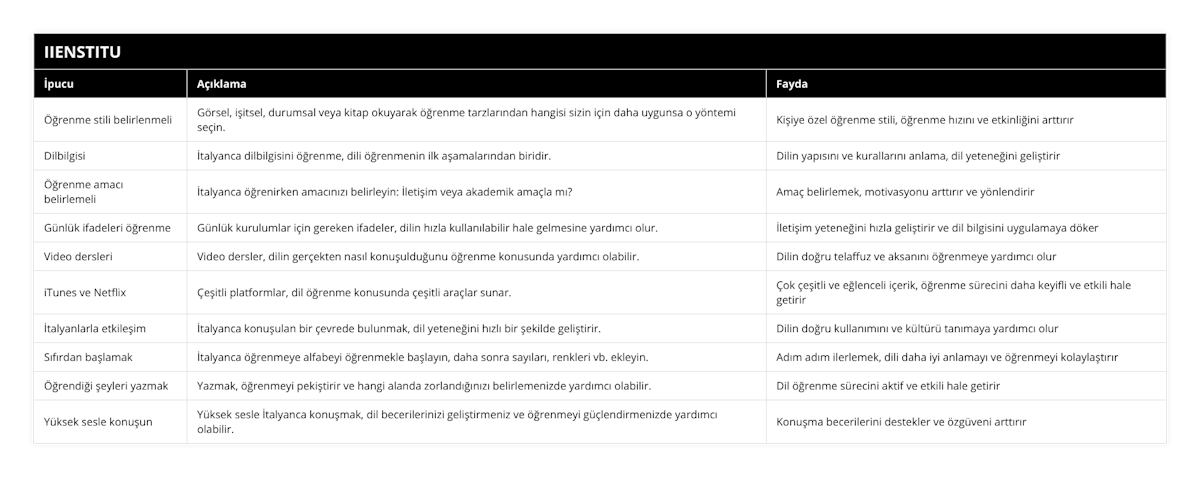 Öğrenme stili belirlenmeli, Görsel, işitsel, durumsal veya kitap okuyarak öğrenme tarzlarından hangisi sizin için daha uygunsa o yöntemi seçin , Kişiye özel öğrenme stili, öğrenme hızını ve etkinliğini arttırır, Dilbilgisi, İtalyanca dilbilgisini öğrenme, dili öğrenmenin ilk aşamalarından biridir, Dilin yapısını ve kurallarını anlama, dil yeteneğini geliştirir, Öğrenme amacı belirlemeli, İtalyanca öğrenirken amacınızı belirleyin: İletişim veya akademik amaçla mı?, Amaç belirlemek, motivasyonu arttırır ve yönlendirir, Günlük ifadeleri öğrenme, Günlük kurulumlar için gereken ifadeler, dilin hızla kullanılabilir hale gelmesine yardımcı olur, İletişim yeteneğini hızla geliştirir ve dil bilgisini uygulamaya döker, Video dersleri, Video dersler, dilin gerçekten nasıl konuşulduğunu öğrenme konusunda yardımcı olabilir, Dilin doğru telaffuz ve aksanını öğrenmeye yardımcı olur, iTunes ve Netflix, Çeşitli platformlar, dil öğrenme konusunda çeşitli araçlar sunar, Çok çeşitli ve eğlenceli içerik, öğrenme sürecini daha keyifli ve etkili hale getirir, İtalyanlarla etkileşim, İtalyanca konuşulan bir çevrede bulunmak, dil yeteneğini hızlı bir şekilde geliştirir, Dilin doğru kullanımını ve kültürü tanımaya yardımcı olur, Sıfırdan başlamak, İtalyanca öğrenmeye alfabeyi öğrenmekle başlayın, daha sonra sayıları, renkleri vb ekleyin, Adım adım ilerlemek, dili daha iyi anlamayı ve öğrenmeyi kolaylaştırır, Öğrendiği şeyleri yazmak, Yazmak, öğrenmeyi pekiştirir ve hangi alanda zorlandığınızı belirlemenizde yardımcı olabilir, Dil öğrenme sürecini aktif ve etkili hale getirir, Yüksek sesle konuşun, Yüksek sesle İtalyanca konuşmak, dil becerilerinizi geliştirmeniz ve öğrenmeyi güçlendirmenizde yardımcı olabilir, Konuşma becerilerini destekler ve özgüveni arttırır