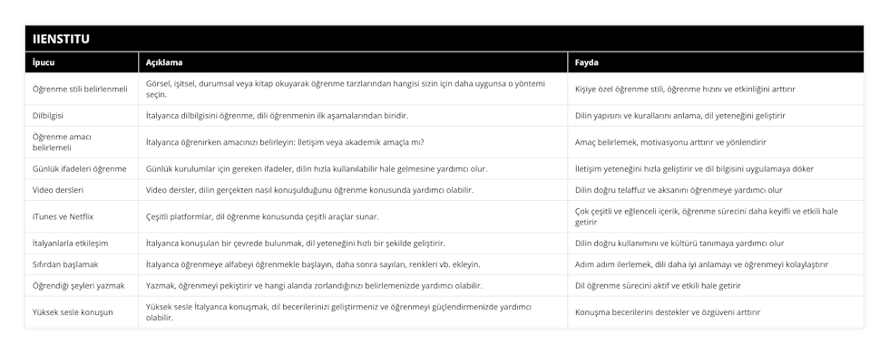 Öğrenme stili belirlenmeli, Görsel, işitsel, durumsal veya kitap okuyarak öğrenme tarzlarından hangisi sizin için daha uygunsa o yöntemi seçin , Kişiye özel öğrenme stili, öğrenme hızını ve etkinliğini arttırır, Dilbilgisi, İtalyanca dilbilgisini öğrenme, dili öğrenmenin ilk aşamalarından biridir, Dilin yapısını ve kurallarını anlama, dil yeteneğini geliştirir, Öğrenme amacı belirlemeli, İtalyanca öğrenirken amacınızı belirleyin: İletişim veya akademik amaçla mı?, Amaç belirlemek, motivasyonu arttırır ve yönlendirir, Günlük ifadeleri öğrenme, Günlük kurulumlar için gereken ifadeler, dilin hızla kullanılabilir hale gelmesine yardımcı olur, İletişim yeteneğini hızla geliştirir ve dil bilgisini uygulamaya döker, Video dersleri, Video dersler, dilin gerçekten nasıl konuşulduğunu öğrenme konusunda yardımcı olabilir, Dilin doğru telaffuz ve aksanını öğrenmeye yardımcı olur, iTunes ve Netflix, Çeşitli platformlar, dil öğrenme konusunda çeşitli araçlar sunar, Çok çeşitli ve eğlenceli içerik, öğrenme sürecini daha keyifli ve etkili hale getirir, İtalyanlarla etkileşim, İtalyanca konuşulan bir çevrede bulunmak, dil yeteneğini hızlı bir şekilde geliştirir, Dilin doğru kullanımını ve kültürü tanımaya yardımcı olur, Sıfırdan başlamak, İtalyanca öğrenmeye alfabeyi öğrenmekle başlayın, daha sonra sayıları, renkleri vb ekleyin, Adım adım ilerlemek, dili daha iyi anlamayı ve öğrenmeyi kolaylaştırır, Öğrendiği şeyleri yazmak, Yazmak, öğrenmeyi pekiştirir ve hangi alanda zorlandığınızı belirlemenizde yardımcı olabilir, Dil öğrenme sürecini aktif ve etkili hale getirir, Yüksek sesle konuşun, Yüksek sesle İtalyanca konuşmak, dil becerilerinizi geliştirmeniz ve öğrenmeyi güçlendirmenizde yardımcı olabilir, Konuşma becerilerini destekler ve özgüveni arttırır