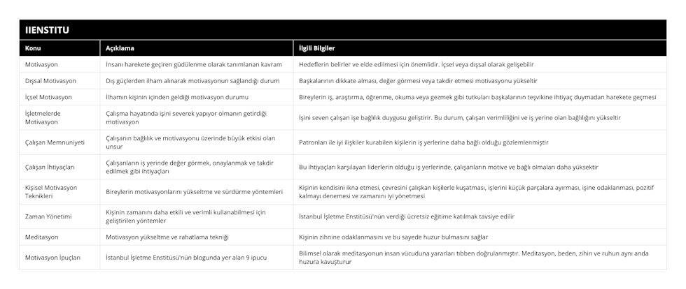 Motivasyon, İnsanı harekete geçiren güdülenme olarak tanımlanan kavram, Hedeflerin belirler ve elde edilmesi için önemlidir İçsel veya dışsal olarak gelişebilir, Dışsal Motivasyon, Dış güçlerden ilham alınarak motivasyonun sağlandığı durum, Başkalarının dikkate alması, değer görmesi veya takdir etmesi motivasyonu yükseltir, İçsel Motivasyon, İlhamın kişinin içinden geldiği motivasyon durumu, Bireylerin iş, araştırma, öğrenme, okuma veya gezmek gibi tutkuları başkalarının teşvikine ihtiyaç duymadan harekete geçmesi, İşletmelerde Motivasyon, Çalışma hayatında işini severek yapıyor olmanın getirdiği motivasyon, İşini seven çalışan işe bağlılık duygusu geliştirir Bu durum, çalışan verimliliğini ve iş yerine olan bağlılığını yükseltir, Çalışan Memnuniyeti, Çalışanın bağlılık ve motivasyonu üzerinde büyük etkisi olan unsur, Patronları ile iyi ilişkiler kurabilen kişilerin iş yerlerine daha bağlı olduğu gözlemlenmiştir, Çalışan İhtiyaçları, Çalışanların iş yerinde değer görmek, onaylanmak ve takdir edilmek gibi ihtiyaçları, Bu ihtiyaçları karşılayan liderlerin olduğu iş yerlerinde, çalışanların motive ve bağlı olmaları daha yüksektir, Kişisel Motivasyon Teknikleri, Bireylerin motivasyonlarını yükseltme ve sürdürme yöntemleri, Kişinin kendisini ikna etmesi, çevresini çalışkan kişilerle kuşatması, işlerini küçük parçalara ayırması, işine odaklanması, pozitif kalmayı denemesi ve zamanını iyi yönetmesi, Zaman Yönetimi, Kişinin zamanını daha etkili ve verimli kullanabilmesi için geliştirilen yöntemler, İstanbul İşletme Enstitüsü'nün verdiği ücretsiz eğitime katılmak tavsiye edilir, Meditasyon, Motivasyon yükseltme ve rahatlama tekniği, Kişinin zihnine odaklanmasını ve bu sayede huzur bulmasını sağlar, Motivasyon İpuçları, İstanbul İşletme Enstitüsü'nün blogunda yer alan 9 ipucu, Bilimsel olarak meditasyonun insan vücuduna yararları tıbben doğrulanmıştır Meditasyon, beden, zihin ve ruhun aynı anda huzura kavuşturur