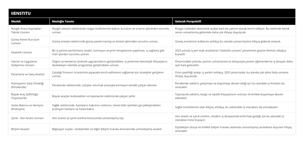 Rüzgâr Enerji Kaynakları Teknik Uzmanı, Rüzgâr enerjisi sektöründe rüzgar türbinlerinin bakım, kurulum ve onarım işlerinden sorumlu uzman, Rüzgar türbinleri ekonomik açıdan karlı bir yatırım olarak tercih ediliyor Bu sektörde teknik servis uzmanlarına gelecekte daha çok ihtiyaç duyulacak, Güneş Paneli Kurulum Uzmanı, Güneş enerjisi sektöründe güneş paneli montaj ve tesisat işlerinden sorumlu uzman, Güneş enerjisinin kullanımı arttıkça bu alanda uzman kişilere ihtiyaç giderek artacak, İstatistik Uzmanı, Bir iş yerinin performans analizi, komisyon ve prim hesaplarının yapılması, iş sağlama gibi mali işlerden sorumlu uzman, 2025 yılında iş yeri mali analizlerini ‘’istatistik uzmanı’’ yönetimine geçme ihtimali oldukça kuvvetli, Yazılım ve Uygulama Geliştirme Uzmanı, Özgün ve benzersiz android uygulamalarını geliştirebilen, iş yerlerinin teknolojik ihtiyaçlarını destekleyici nitelikte programlar geliştirebilen uzman, Önümüzdeki yıllarda, yazılım uzmanlarına ve dolayısıyla yazılım eğitmenlerine iş dünyası daha açık hale gelecektir, Pazarlama ve Satış Analisti, Çalıştığı firmanın ürünlerinin piyasada tercih edilmesini sağlamak için stratejiler geliştiren uzman, Ürün çeşitliliği azalıp, iş yerleri arttıkça, 2025 yılına kadar bu alanda çok daha fazla uzmana ihtiyaç duyulacak, Komisyonlu Satış Ortaklığı (Perakende), Perakende sektöründe, satışları artırmak amacıyla komisyon temelli çalışan eleman, Perakende sektörü, gelişmeye ve büyümeye devam ettiği için bu alandaki iş fırsatları da artacaktır, Büyük Araç Şoförlüğü (Taşımacılık), Büyük araçları kullanabilen ve taşımacılık sektöründe çalışan şoför, Taşımacılık sektörü, kargo ve lojistik ihtiyaçlarının artması ile birlikte büyümeye devam edecektir, Hasta Bakıcısı ve Hemşire (Pratisyen), Sağlık sektöründe, hastaların bakımını üstlenen, temel tıbbi işlemleri gerçekleştirebilen pratisyen hemşire ve hasta bakıcı, Sağlık hizmetlerine olan ihtiyaç arttıkça, bu sektördeki iş olanakları da artmaktadır, İçerik - Veri Analiz Uzmanı, Veri analizi ve içerik üretme konusunda uzmanlaşmış kişi, Veri analizi ve içerik üretimi, modern iş dünyasında kritik hale geldiği için bu alandaki iş olanakları hızla büyüyor, Bilişim Avukatı, Bilgisayar suçları, sözleşmeler ve diğer bilişim hukuku konularında uzmanlaşmış avukat, Dijitalleşen dünya ile birlikte bilişim hukuku alanında uzmanlaşmış avukatlara duyulan ihtiyaç artacaktır