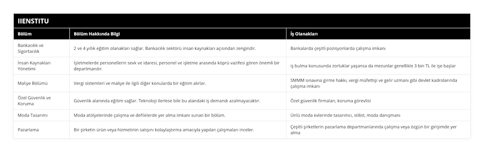 Bankacılık ve Sigortacılık, 2 ve 4 yıllık eğitim olanakları sağlar Bankacılık sektörü insan kaynakları açısından zengindir, Bankalarda çeşitli pozisyonlarda çalışma imkanı, İnsan Kaynakları Yönetimi, İşletmelerde personellerin sevk ve idaresi, personel ve işletme arasında köprü vazifesi gören önemli bir departmandır, iş bulma konusunda zorluklar yaşansa da mezunlar genellikle 3 bin TL ile işe başlar, Maliye Bölümü, Vergi sistemleri ve maliye ile ilgili diğer konularda bir eğitim alırlar, SMMM sınavına girme hakkı, vergi müfettişi ve gelir uzmanı gibi devlet kadrolarında çalışma imkanı, Özel Güvenlik ve Koruma, Güvenlik alanında eğitim sağlar Teknoloji ilerlese bile bu alandaki iş demandı azalmayacaktır, Özel güvenlik firmaları, koruma görevlisi, Moda Tasarımı, Moda atölyelerinde çalışma ve defilelerde yer alma imkanı sunan bir bölüm, Ünlü moda evlerinde tasarımcı, stilist, moda danışmanı, Pazarlama, Bir şirketin ürün veya hizmetinin satışını kolaylaştırma amacıyla yapılan çalışmaları inceler, Çeşitli şirketlerin pazarlama departmanlarında çalışma veya özgün bir girişimde yer alma