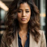 a young woman in a tan suit looks at the camera, in the style of multicultural fusion, 8k resolution, candid portraiture, whistlerian, handsome, dark navy and silver, wavy