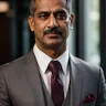 a man in a suit and tie in front of an office, in the style of light maroon and dark indigo, object portraiture specialist, prateep kochabua, focus on joints/connections, dark silver and gold, strong facial expression, mixed patterns