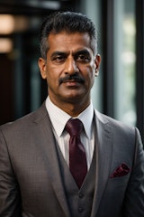 a man in a suit and tie in front of an office, in the style of light maroon and dark indigo, object portraiture specialist, prateep kochabua, focus on joints/connections, dark silver and gold, strong facial expression, mixed patterns