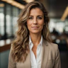a business woman in a gray suit standing in an office, in the style of youthful energy, light brown and brown, hasselblad h6d-400c, uhd image, non-representational, handsome, wavy