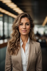 a business woman in a gray suit standing in an office, in the style of youthful energy, light brown and brown, hasselblad h6d-400c, uhd image, non-representational, handsome, wavy