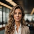 a business woman in a gray suit standing in an office, in the style of youthful energy, light brown and brown, hasselblad h6d-400c, uhd image, non-representational, handsome, wavy