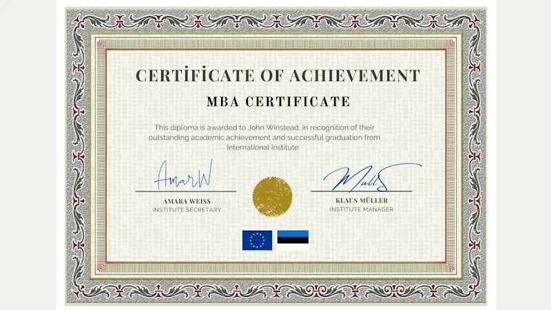 Example of a mini MBA certificate. It bears the signature of the director of the institute.