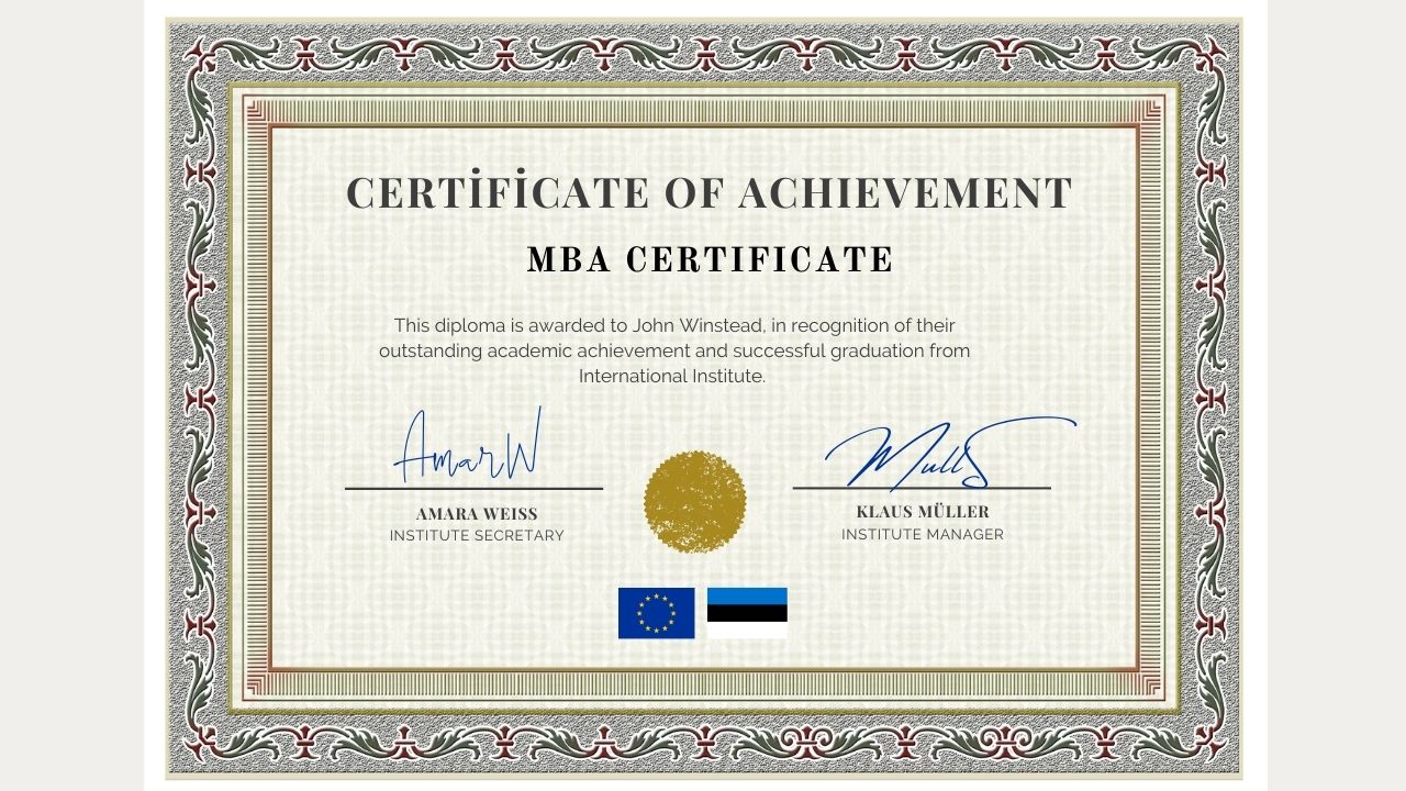 Example of a mini MBA certificate. It bears the signature of the director of the institute.