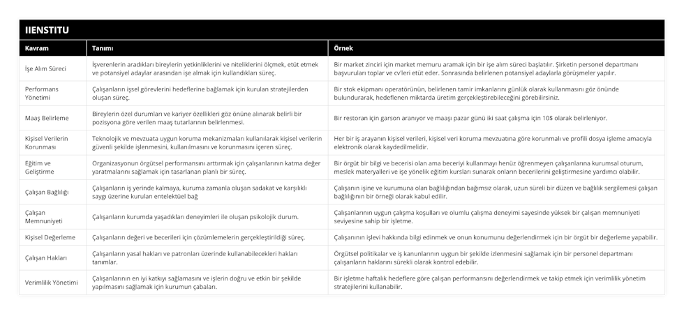 İşe Alım Süreci, İşverenlerin aradıkları bireylerin yetkinliklerini ve niteliklerini ölçmek, etüt etmek ve potansiyel adaylar arasından işe almak için kullandıkları süreç, Bir market zinciri için market memuru aramak için bir işe alım süreci başlatılır Şirketin personel departmanı başvuruları toplar ve cv'leri etüt eder Sonrasında belirlenen potansiyel adaylarla görüşmeler yapılır, Performans Yönetimi, Çalışanların işsel görevlerini hedeflerine bağlamak için kurulan stratejilerden oluşan süreç, Bir stok ekipmanı operatörünün, belirlenen tamir imkanlarını günlük olarak kullanmasını göz önünde bulundurarak, hedeflenen miktarda üretim gerçekleştirebileceğini görebilirsiniz, Maaş Belirleme, Bireylerin özel durumları ve kariyer özellikleri göz önüne alınarak belirli bir pozisyona göre verilen maaş tutarlarının belirlenmesi, Bir restoran için garson aranıyor ve maaşı pazar günü iki saat çalışma için 10$ olarak belirleniyor, Kişisel Verilerin Korunması, Teknolojik ve mevzuata uygun koruma mekanizmaları kullanılarak kişisel verilerin güvenli şekilde işlenmesini, kullanılmasını ve korunmasını içeren süreç, Her bir iş arayanın kişisel verileri, kişisel veri koruma mevzuatına göre korunmalı ve profili dosya işleme amacıyla elektronik olarak kaydedilmelidir, Eğitim ve Geliştirme, Organizasyonun örgütsel performansını arttırmak için çalışanlarının katma değer yaratmalarını sağlamak için tasarlanan planlı bir süreç, Bir örgüt bir bilgi ve becerisi olan ama beceriyi kullanmayı henüz öğrenmeyen çalışanlarına kurumsal oturum, meslek materyalleri ve işe yönelik eğitim kursları sunarak onların becerilerini geliştirmesine yardımcı olabilir, Çalışan Bağlılığı, Çalışanların iş yerinde kalmaya, kuruma zamanla oluşan sadakat ve karşılıklı saygı üzerine kurulan entelektüel bağ, Çalışanın işine ve kurumuna olan bağlılığından bağımsız olarak, uzun süreli bir düzen ve bağlılık sergilemesi çalışan bağlılığının bir örneği olarak kabul edilir, Çalışan Memnuniyeti, Çalışanların kurumda yaşadıkları deneyimleri ile oluşan psikolojik durum, Çalışanlarının uygun çalışma koşulları ve olumlu çalışma deneyimi sayesinde yüksek bir çalışan memnuniyeti seviyesine sahip bir işletme, Kişisel Değerleme, Çalışanların değeri ve becerileri için çözümlemelerin gerçekleştirildiği süreç, Çalışanının işlevi hakkında bilgi edinmek ve onun konumunu değerlendirmek için bir örgüt bir değerleme yapabilir, Çalışan Hakları, Çalışanların yasal hakları ve patronları üzerinde kullanabilecekleri hakları tanımlar, Örgütsel politikalar ve iş kanunlarının uygun bir şekilde izlenmesini sağlamak için bir personel departmanı çalışanların haklarını sürekli olarak kontrol edebilir, Verimlilik Yönetimi, Çalışanlarının en iyi katkıyı sağlamasını ve işlerin doğru ve etkin bir şekilde yapılmasını sağlamak için kurumun çabaları, Bir işletme haftalık hedeflere göre çalışan performansını değerlendirmek ve takip etmek için verimlilik yönetim stratejilerini kullanabilir