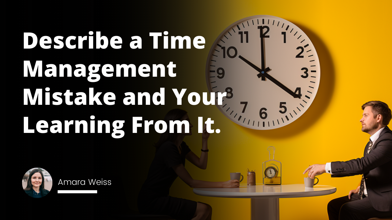 Bright yellow background, man in black suit sitting across from woman in white blouse, both at a sleek black table, a large ticking clock on the wall behind them symbolizing time management, man gesturing with oversized hourglass in hand to show time has run out, woman's surprised expression suggests a mistake made, a stack of 'time management' books on the table subtly suggesting learning, humorous twist, woman pointing to a framed 'Employment Wanted' sign in the background, funny suggestion of how things may not work out due to poor time management.