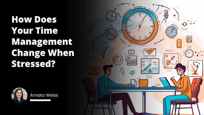 Animated clock with spinning hands, two cartoon characters in an office setting, one behind a desk with an anxious expression, the other in front splayed on a chair looking confident, white board in the background with a graph detailing time usage, small scribbles of notepad, pens, laptop, hot coffee steam on the desk, books titled 'Stress Management', 'Time Stamina', 'Job Strategy' on the shelf behind, sun shining brightly through the window casting a warm yellow light, a wall clock showing crunch time, black and white checkered tiles, striking contrast with vibrant yellow and pastel white indoors, play of shadows showing time passing rapidly, the stress symbolized by the fast spinning clock hands, a mix of comic and serious work environment.