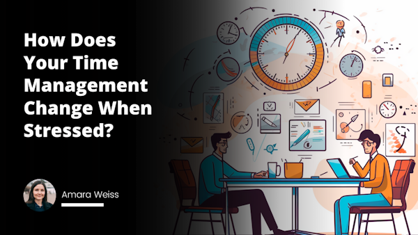 Animated clock with spinning hands, two cartoon characters in an office setting, one behind a desk with an anxious expression, the other in front splayed on a chair looking confident, white board in the background with a graph detailing time usage, small scribbles of notepad, pens, laptop, hot coffee steam on the desk, books titled 'Stress Management', 'Time Stamina', 'Job Strategy' on the shelf behind, sun shining brightly through the window casting a warm yellow light, a wall clock showing crunch time, black and white checkered tiles, striking contrast with vibrant yellow and pastel white indoors, play of shadows showing time passing rapidly, the stress symbolized by the fast spinning clock hands, a mix of comic and serious work environment.