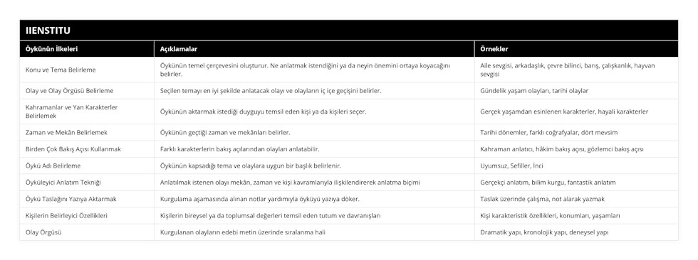 Konu ve Tema Belirleme, Öykünün temel çerçevesini oluşturur Ne anlatmak istendiğini ya da neyin önemini ortaya koyacağını belirler, Aile sevgisi, arkadaşlık, çevre bilinci, barış, çalışkanlık, hayvan sevgisi, Olay ve Olay Örgüsü Belirleme, Seçilen temayı en iyi şekilde anlatacak olayı ve olayların iç içe geçişini belirler, Gündelik yaşam olayları, tarihi olaylar, Kahramanlar ve Yan Karakterler Belirlemek, Öykünün aktarmak istediği duyguyu temsil eden kişi ya da kişileri seçer, Gerçek yaşamdan esinlenen karakterler, hayali karakterler, Zaman ve Mekân Belirlemek, Öykünün geçtiği zaman ve mekânları belirler, Tarihi dönemler, farklı coğrafyalar, dört mevsim, Birden Çok Bakış Açısı Kullanmak, Farklı karakterlerin bakış açılarından olayları anlatabilir, Kahraman anlatıcı, hâkim bakış açısı, gözlemci bakış açısı, Öykü Adı Belirleme, Öykünün kapsadığı tema ve olaylara uygun bir başlık belirlenir, Uyumsuz, Sefiller, İnci, Öyküleyici Anlatım Tekniği, Anlatılmak istenen olayı mekân, zaman ve kişi kavramlarıyla ilişkilendirerek anlatma biçimi, Gerçekçi anlatım, bilim kurgu, fantastik anlatım, Öykü Taslağını Yazıya Aktarmak, Kurgulama aşamasında alınan notlar yardımıyla öyküyü yazıya döker, Taslak üzerinde çalışma, not alarak yazmak, Kişilerin Belirleyici Özellikleri, Kişilerin bireysel ya da toplumsal değerleri temsil eden tutum ve davranışları, Kişi karakteristik özellikleri, konumları, yaşamları, Olay Örgüsü, Kurgulanan olayların edebi metin üzerinde sıralanma hali, Dramatik yapı, kronolojik yapı, deneysel yapı