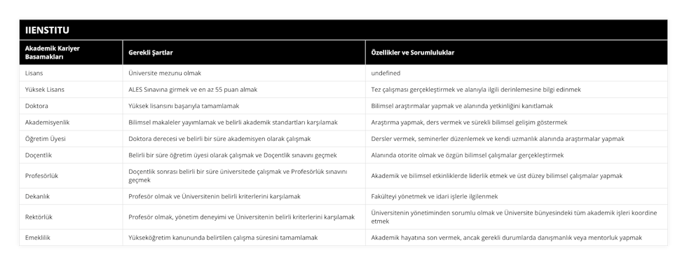 Lisans, Üniversite mezunu olmak, Bölümü başarıyla tamamlamak ve diploma almak, Yüksek Lisans, ALES Sınavına girmek ve en az 55 puan almak, Tez çalışması gerçekleştirmek ve alanıyla ilgili derinlemesine bilgi edinmek, Doktora, Yüksek lisansını başarıyla tamamlamak, Bilimsel araştırmalar yapmak ve alanında yetkinliğini kanıtlamak, Akademisyenlik, Bilimsel makaleler yayımlamak ve belirli akademik standartları karşılamak, Araştırma yapmak, ders vermek ve sürekli bilimsel gelişim göstermek, Öğretim Üyesi, Doktora derecesi ve belirli bir süre akademisyen olarak çalışmak, Dersler vermek, seminerler düzenlemek ve kendi uzmanlık alanında araştırmalar yapmak, Doçentlik, Belirli bir süre öğretim üyesi olarak çalışmak ve Doçentlik sınavını geçmek, Alanında otorite olmak ve özgün bilimsel çalışmalar gerçekleştirmek, Profesörlük, Doçentlik sonrası belirli bir süre üniversitede çalışmak ve Profesörlük sınavını geçmek, Akademik ve bilimsel etkinliklerde liderlik etmek ve üst düzey bilimsel çalışmalar yapmak, Dekanlık, Profesör olmak ve Üniversitenin belirli kriterlerini karşılamak, Fakülteyi yönetmek ve idari işlerle ilgilenmek, Rektörlük, Profesör olmak, yönetim deneyimi ve Üniversitenin belirli kriterlerini karşılamak, Üniversitenin yönetiminden sorumlu olmak ve Üniversite bünyesindeki tüm akademik işleri koordine etmek, Emeklilik, Yükseköğretim kanununda belirtilen çalışma süresini tamamlamak, Akademik hayatına son vermek, ancak gerekli durumlarda danışmanlık veya mentorluk yapmak