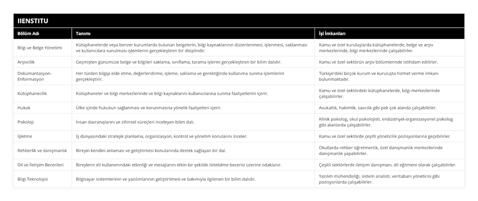 Bilgi ve Belge Yönetimi, Kütüphanelerde veya benzer kurumlarda bulunan belgelerin, bilgi kaynaklarının düzenlenmesi, işlenmesi, saklanması ve kullanıcılara sunulması işlemlerini gerçekleştiren bir disiplindir, Kamu ve özel kuruluşlarda kütüphanelerde, belge ve arşiv merkezlerinde, bilgi merkezlerinde çalışabilirler, Arşivcilik, Geçmişten günümüze belge ve bilgileri saklama, sınıflama, tarama işlerini gerçekleştiren bir bilim dalıdır, Kamu ve özel sektörün arşiv bölümlerinde istihdam edilirler, Dokümantasyon-Enformasyon, Her türden bilgiyi elde etme, değerlendirme, işleme, saklama ve gerektiğinde kullanıma sunma işlemlerini gerçekleştirir, Türkiye'deki birçok kurum ve kuruluşta hizmet verme imkanı bulunmaktadır, Kütüphanecilik, Kütüphaneler ve bilgi merkezlerinde ve bilgi kaynaklarını kullanıcılarına sunma faaliyetlerini içerir, Kamu ve özel sektördeki kütüphanelerde, bilgi merkezlerinde çalışabilirler, Hukuk, Ülke içinde hukukun sağlanması ve korunmasına yönelik faaliyetleri içerir, Avukatlık, hakimlik, savcılık gibi pek çok alanda çalışabilirler, Psikoloji, İnsan davranışlarını ve zihinsel süreçleri inceleyen bilim dalı, Klinik psikolog, okul psikolojisti, endüstriyel-organizasyonel psikolog gibi alanlarda çalışabilirler, İşletme, İş dünyasındaki stratejik planlama, organizasyon, kontrol ve yönetim konularını inceler, Kamu ve özel sektörde çeşitli yöneticilik pozisyonlarına geçebilirler, Rehberlik ve danışmanlık, Bireyin kendini anlaması ve geliştirmesi konularında destek sağlayan bir dal, Okullarda rehber öğretmenlik, özel danışmanlık merkezlerinde danışmanlık yapabilirler, Dil ve İletişim Becerileri, Bireylerin dil kullanımındaki etkinliği ve mesajlarını etkin bir şekilde iletebilme becerisi üzerine odaklanır, Çeşitli sektörlerde iletişim danışmanı, dil eğitmeni olarak çalışabilirler, Bilgi Teknolojisi, Bilgisayar sistemlerinin ve yazılımlarının geliştirilmesi ve bakımıyla ilgilenen bir bilim dalıdır, Yazılım mühendisliği, sistem analisti, veritabanı yöneticisi gibi pozisyonlarda çalışabilirler