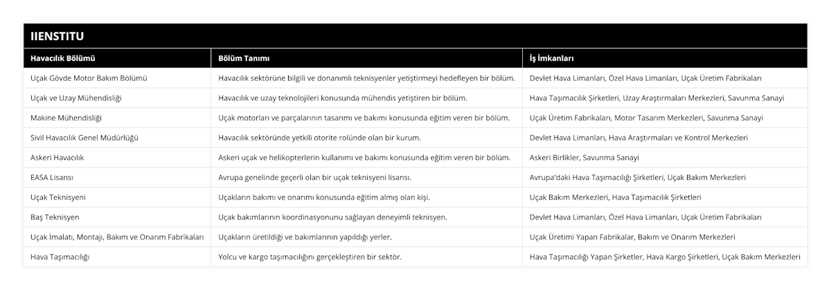 Uçak Gövde Motor Bakım Bölümü, Havacılık sektörüne bilgili ve donanımlı teknisyenler yetiştirmeyi hedefleyen bir bölüm, Devlet Hava Limanları, Özel Hava Limanları, Uçak Üretim Fabrikaları, Uçak ve Uzay Mühendisliği, Havacılık ve uzay teknolojileri konusunda mühendis yetiştiren bir bölüm, Hava Taşımacılık Şirketleri, Uzay Araştırmaları Merkezleri, Savunma Sanayi, Makine Mühendisliği, Uçak motorları ve parçalarının tasarımı ve bakımı konusunda eğitim veren bir bölüm, Uçak Üretim Fabrikaları, Motor Tasarım Merkezleri, Savunma Sanayi, Sivil Havacılık Genel Müdürlüğü, Havacılık sektöründe yetkili otorite rolünde olan bir kurum, Devlet Hava Limanları, Hava Araştırmaları ve Kontrol Merkezleri, Askeri Havacılık, Askeri uçak ve helikopterlerin kullanımı ve bakımı konusunda eğitim veren bir bölüm, Askeri Birlikler, Savunma Sanayi, EASA Lisansı, Avrupa genelinde geçerli olan bir uçak teknisyeni lisansı, Avrupa'daki Hava Taşımacılığı Şirketleri, Uçak Bakım Merkezleri, Uçak Teknisyeni, Uçakların bakımı ve onarımı konusunda eğitim almış olan kişi, Uçak Bakım Merkezleri, Hava Taşımacılık Şirketleri, Baş Teknisyen, Uçak bakımlarının koordinasyonunu sağlayan deneyimli teknisyen, Devlet Hava Limanları, Özel Hava Limanları, Uçak Üretim Fabrikaları, Uçak İmalatı, Montajı, Bakım ve Onarım Fabrikaları, Uçakların üretildiği ve bakımlarının yapıldığı yerler, Uçak Üretimi Yapan Fabrikalar, Bakım ve Onarım Merkezleri, Hava Taşımacılığı, Yolcu ve kargo taşımacılığını gerçekleştiren bir sektör, Hava Taşımacılığı Yapan Şirketler, Hava Kargo Şirketleri, Uçak Bakım Merkezleri