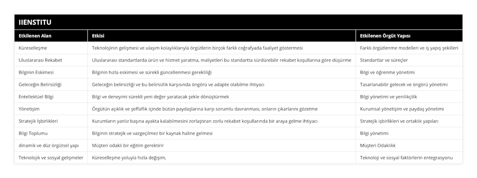 Küreselleşme, Teknolojinin gelişmesi ve ulaşım kolaylıklarıyla örgütlerin birçok farklı coğrafyada faaliyet göstermesi, Farklı örgütlenme modelleri ve iş yapış şekilleri, Uluslararası Rekabet, Uluslararası standartlarda ürün ve hizmet yaratma, maliyetleri bu standartta sürdürebilir rekabet koşullarına göre düşürme, Standartlar ve süreçler, Bilginin Eskimesi, Bilginin hızla eskimesi ve sürekli güncellenmesi gerekliliği, Bilgi ve öğrenme yönetimi, Geleceğin Belirsizliği, Geleceğin belirsizliği ve bu belirsizlik karşısında öngörü ve adapte olabilme ihtiyacı, Tasarlanabilir gelecek ve öngörü yönetimi, Entellektüel Bilgi, Bilgi ve deneyimi sürekli yeni değer yaratacak şekle dönüştürmek, Bilgi yönetimi ve yenilikçilik, Yönetişim, Örgütün açıklık ve şeffaflık içinde bütün paydaşlarına karşı sorumlu davranması, onların çıkarlarını gözetme, Kurumsal yönetişim ve paydaş yönetimi, Stratejik İşbirlikleri, Kurumların yanlız başına ayakta kalabilmesini zorlaştıran zorlu rekabet koşullarında bir araya gelme ihtiyacı, Stratejik işbirlikleri ve ortaklık yapıları, Bilgi Toplumu, Bilginin stratejik ve vazgeçilmez bir kaynak haline gelmesi, Bilgi yönetimi, dinamik ve düz örgütsel yapı, Müşteri odaklı bir eğitim gerektirir, Müşteri Odaklılık, Teknolojik ve sosyal gelişmeler, Küreselleşme yoluyla hızla değişim, , Teknoloji ve sosyal faktörlerin entegrasyonu