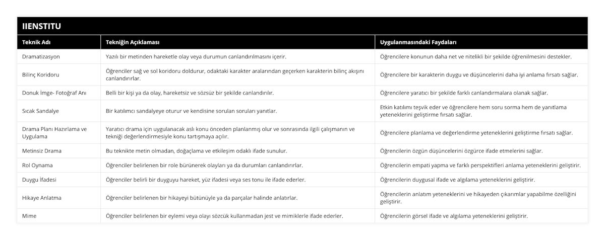 Dramatizasyon, Yazılı bir metinden hareketle olay veya durumun canlandırılmasını içerir, Öğrencilere konunun daha net ve nitelikli bir şekilde öğrenilmesini destekler, Bilinç Koridoru, Öğrenciler sağ ve sol koridoru doldurur, odaktaki karakter aralarından geçerken karakterin bilinç akışını canlandırırlar, Öğrencilere bir karakterin duygu ve düşüncelerini daha iyi anlama fırsatı sağlar, Donuk İmge- Fotoğraf Anı, Belli bir kişi ya da olay, hareketsiz ve sözsüz bir şekilde canlandırılır, Öğrencilere yaratıcı bir şekilde farklı canlandırmalara olanak sağlar, Sıcak Sandalye, Bir katılımcı sandalyeye oturur ve kendisine sorulan soruları yanıtlar, Etkin katılımı teşvik eder ve öğrencilere hem soru sorma hem de yanıtlama yeteneklerini geliştirme fırsatı sağlar, Drama Planı Hazırlama ve Uygulama, Yaratıcı drama için uygulanacak aslı konu önceden planlanmış olur ve sonrasında ilgili çalışmanın ve tekniği değerlendirmesiyle konu tartışmaya açılır, Öğrencilere planlama ve değerlendirme yeteneklerini geliştirme fırsatı sağlar, Metinsiz Drama, Bu teknikte metin olmadan, doğaçlama ve etkileşim odaklı ifade sunulur, Öğrencilerin özgün düşüncelerini özgürce ifade etmelerini sağlar, Rol Oynama, Öğrenciler belirlenen bir role bürünerek olayları ya da durumları canlandırırlar, Öğrencilerin empati yapma ve farklı perspektifleri anlama yeteneklerini geliştirir, Duygu İfadesi, Öğrenciler belirli bir duyguyu hareket, yüz ifadesi veya ses tonu ile ifade ederler, Öğrencilerin duygusal ifade ve algılama yeteneklerini geliştirir, Hikaye Anlatma, Öğrenciler belirlenen bir hikayeyi bütünüyle ya da parçalar halinde anlatırlar, Öğrencilerin anlatım yeteneklerini ve hikayeden çıkarımlar yapabilme özelliğini geliştirir, Mime, Öğrenciler belirlenen bir eylemi veya olayı sözcük kullanmadan jest ve mimiklerle ifade ederler, Öğrencilerin görsel ifade ve algılama yeteneklerini geliştirir